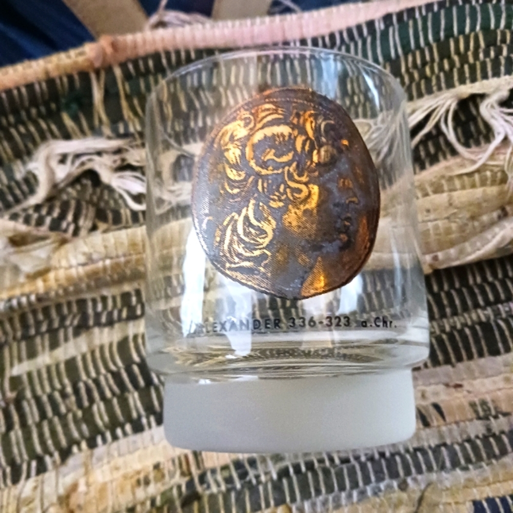 Vintage 3 Shot glasses,Whiskey,Vodka, Crystal/Coin,Alexander The Great Collector